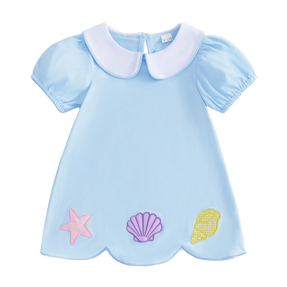 The Palm Beach Baby girls light blue a-line dress wedding with white collar and seashell applique, size 6-12 months