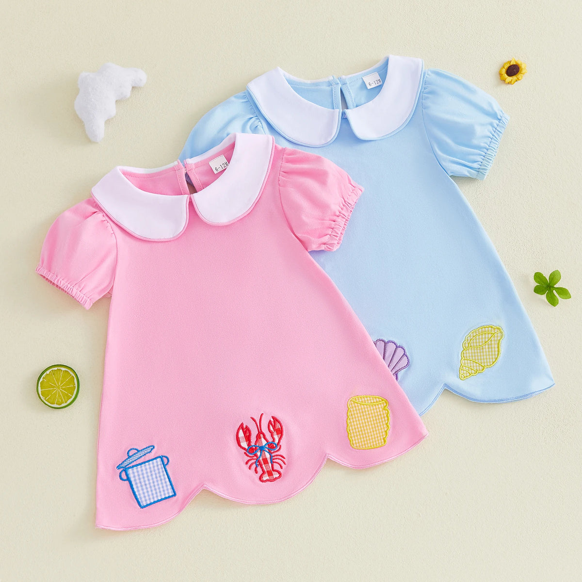 The Palm Beach Baby girls pink and blue a-line dress wedding style with white collar and seafood embroidery