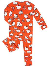 Back view of orange Hello Kitty zippy sleeper showing character print pattern and elasticized leg openings.