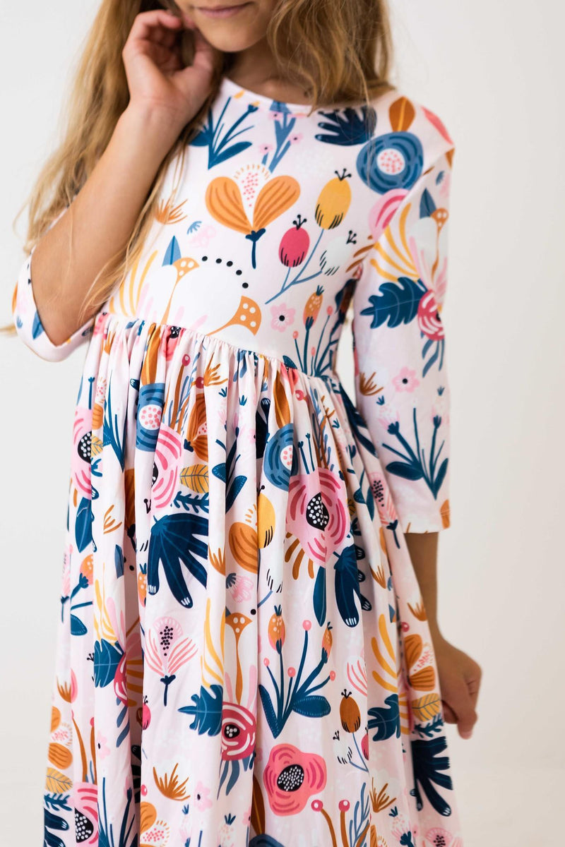Blush Peony 3/4 Sleeve Pocket Twirl Dress from Mila & Rose, showcasing a delightful design perfect for kids' play and special events.