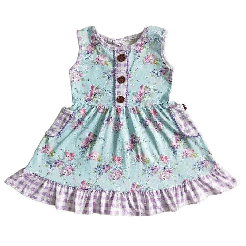"Constance-Marie" Spring Summer Girls Dress - Boho Style with Floral & Check Patterns, Button Front - The Palm Beach Baby