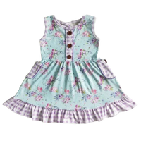 "Constance-Marie" Spring Summer Girls Dress - Boho Style with Floral & Check Patterns, Button Front - The Palm Beach Baby