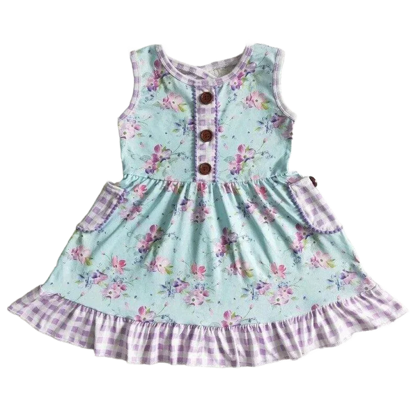 "Constance-Marie" Spring Summer Girls Dress - Boho Style with Floral & Check Patterns, Button Front - The Palm Beach Baby
