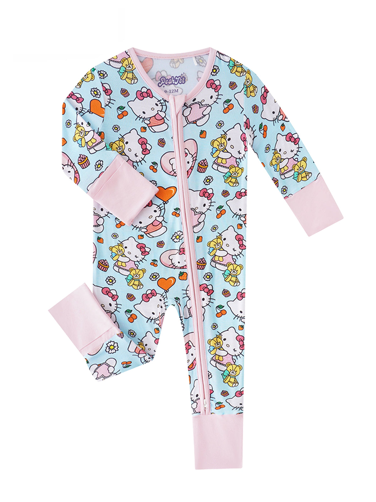 Flat-lay of long-sleeved light blue Hello Kitty romper with pink trim and dessert character print