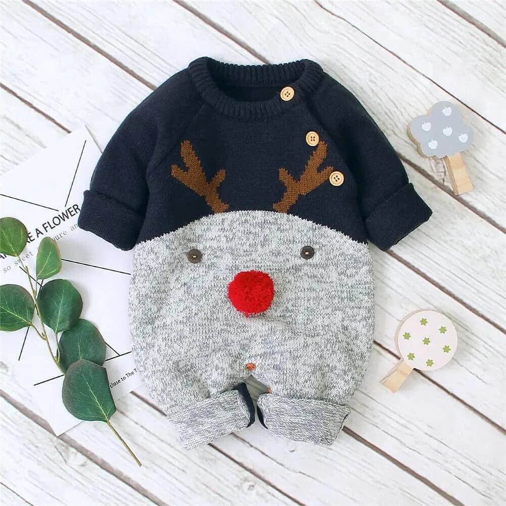 Gray and black reindeer knit romper for babies with red nose and brown antlers made of soft knitted material