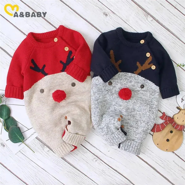Red and navy reindeer knit romper for babies made of cozy soft knit material with festive reindeer design