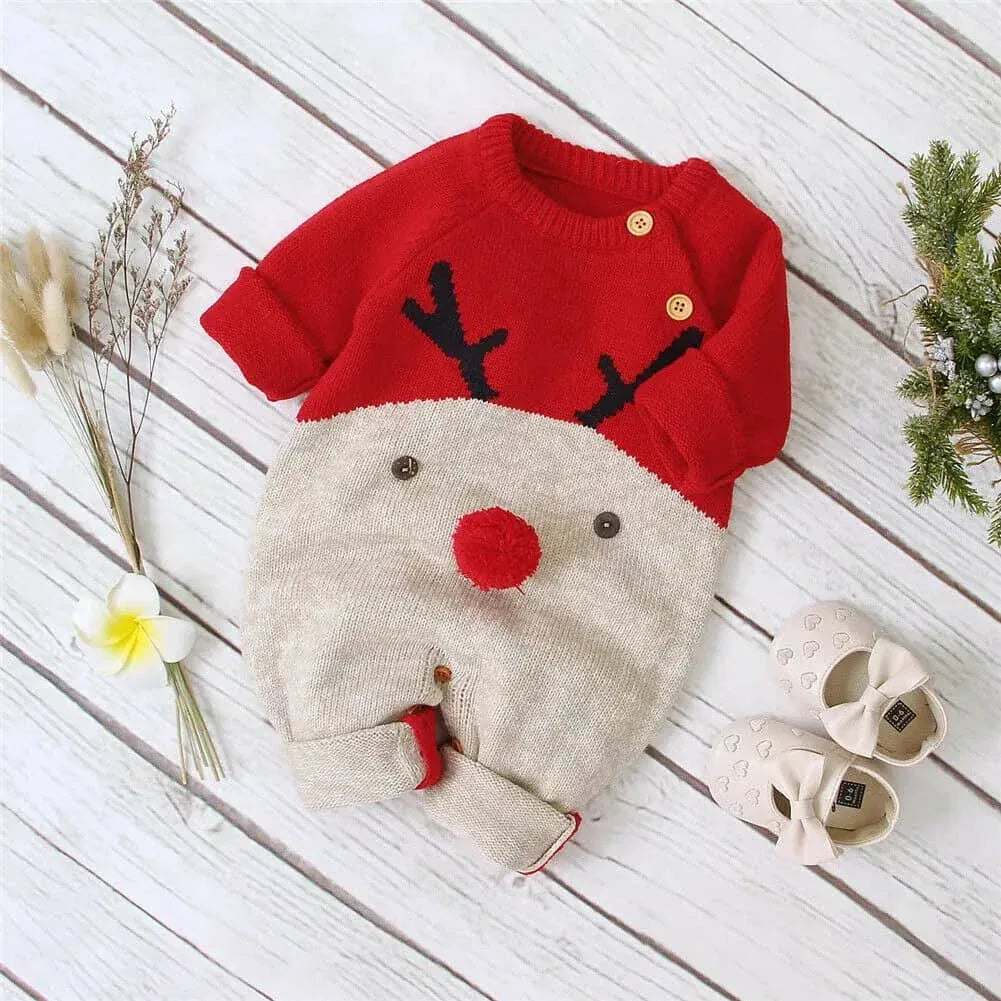 Red and beige reindeer knit romper for babies made of soft knit material with button details