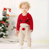 Red and beige wool reindeer knit romper for babies with button details and festive design
