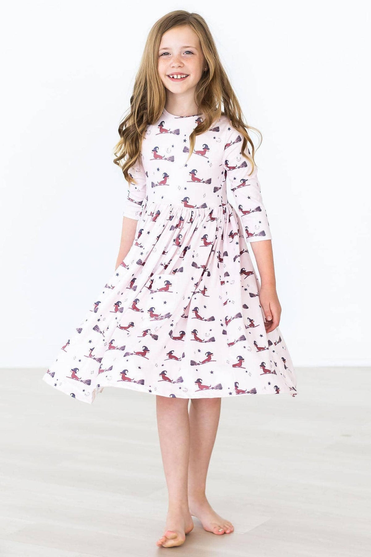Happy Howl-oween 3/4 Sleeve Twirl Dress with Pockets for Kids - Fun & Comfortable Halloween Outfit - The Palm Beach Baby
