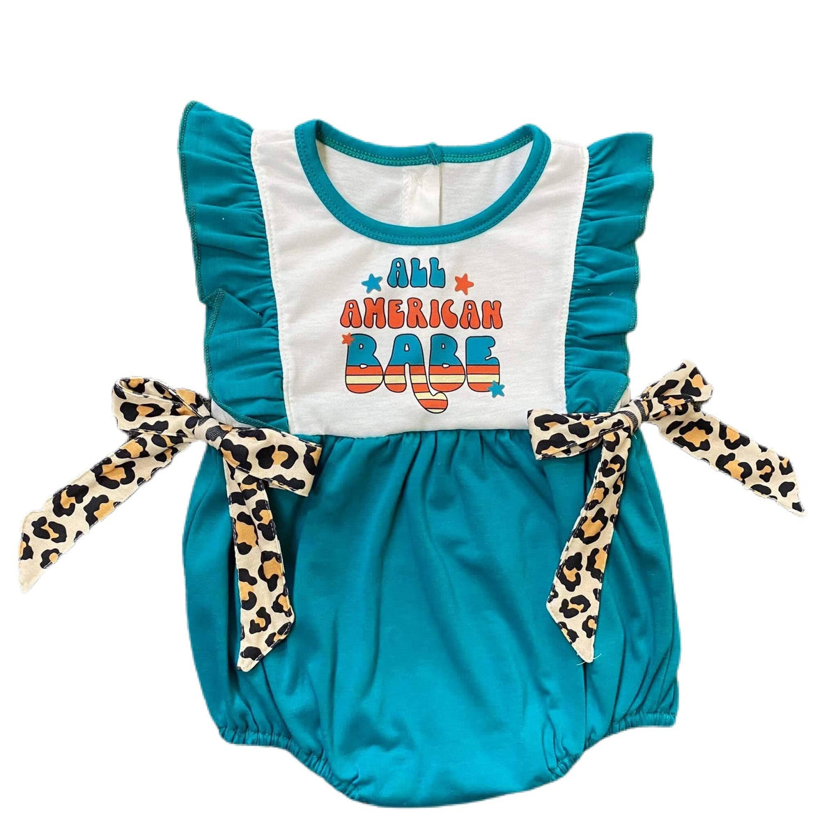 Teal and white cotton All American baby romper with leopard print bows and ruffled sleeves