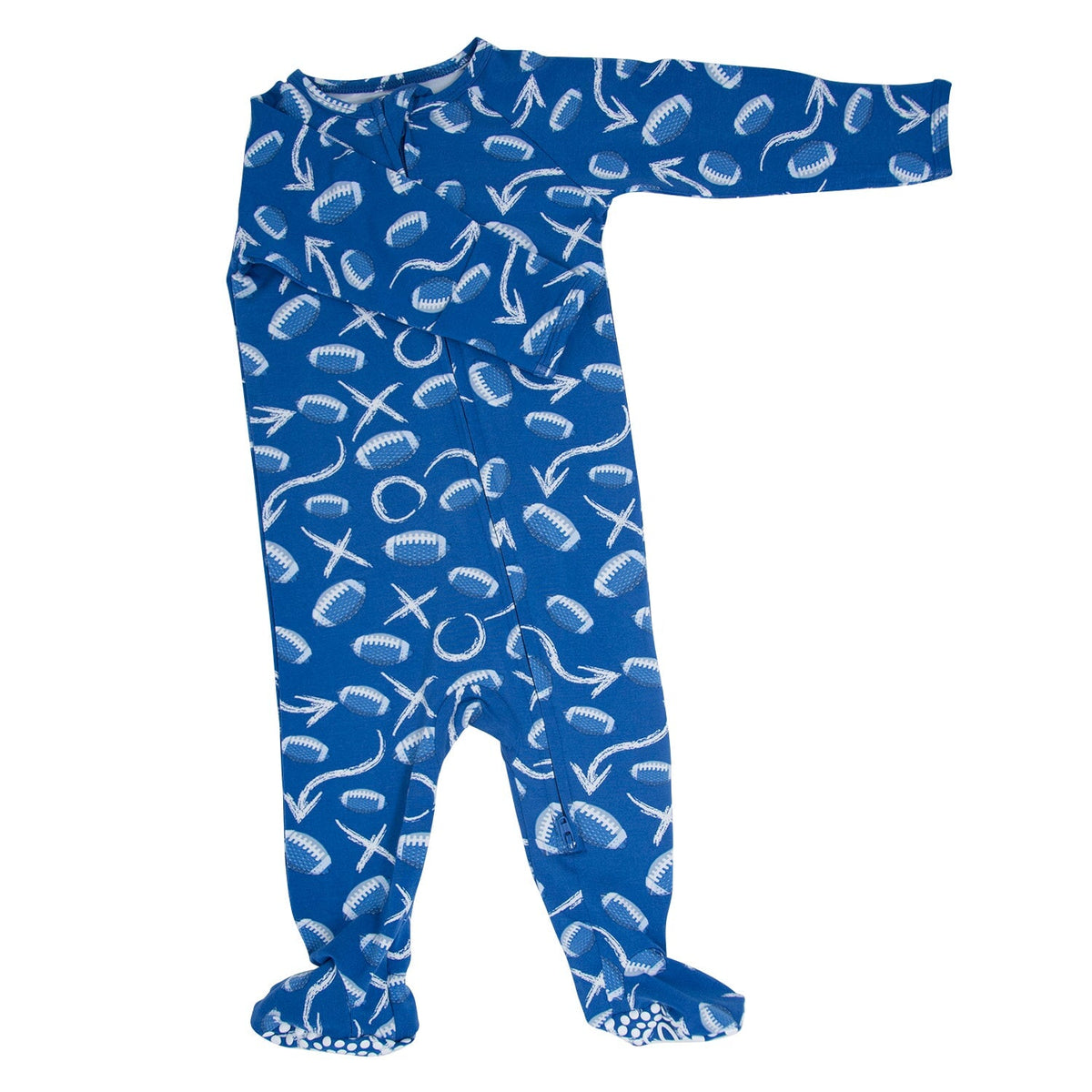 Allen Work 2-Way Zippered Footie with silicone grip foot pads in blue football print.