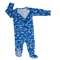 Allen Work 2-Way Zippered Footie in blue with football print and silicone grip soles.