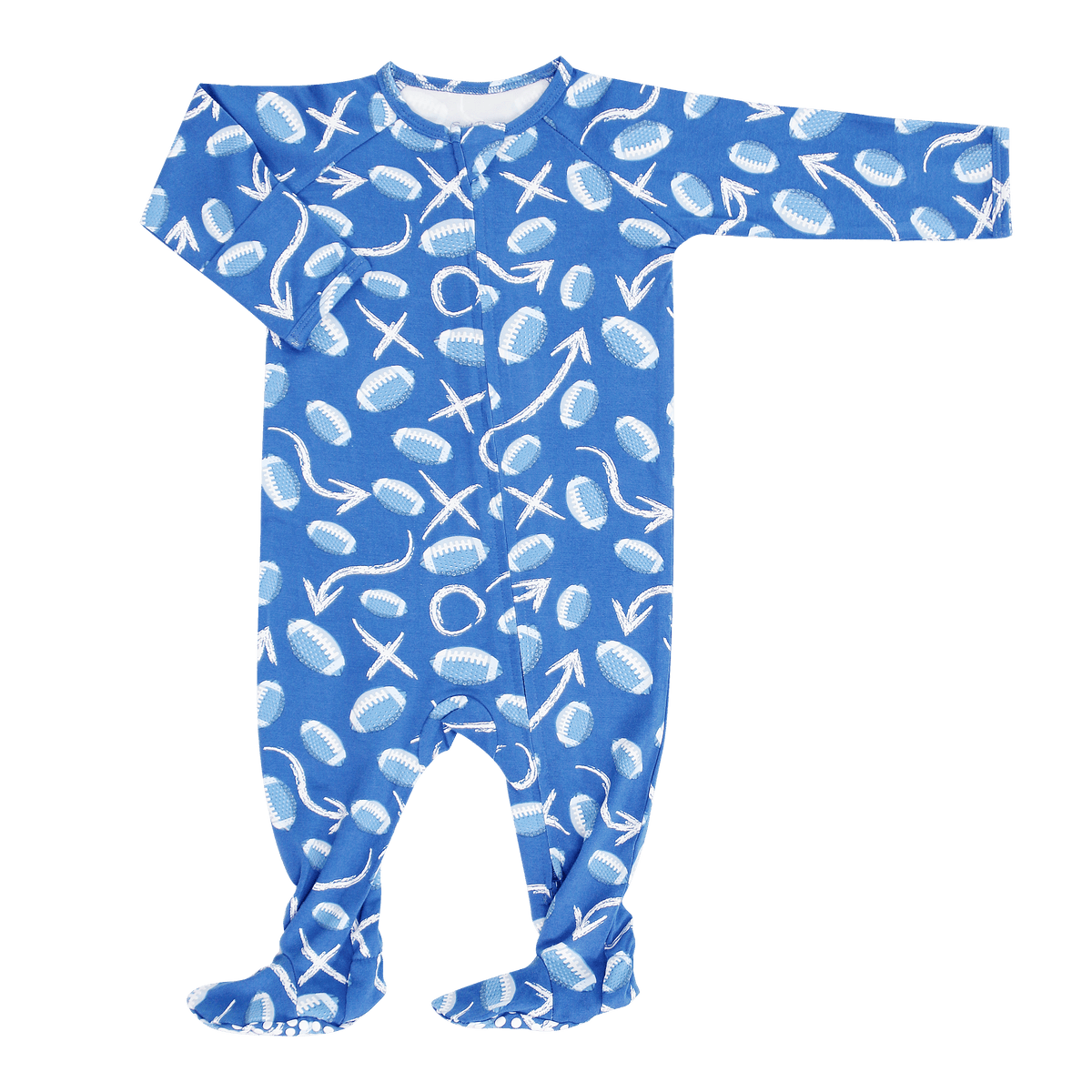 Blue Allen Work 2-Way Zippered Footie for babies with silicone grips and football-print fabric.