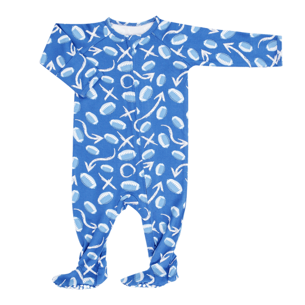 Blue Allen Work 2-Way Zippered Footie for babies with silicone grips and football-print fabric.