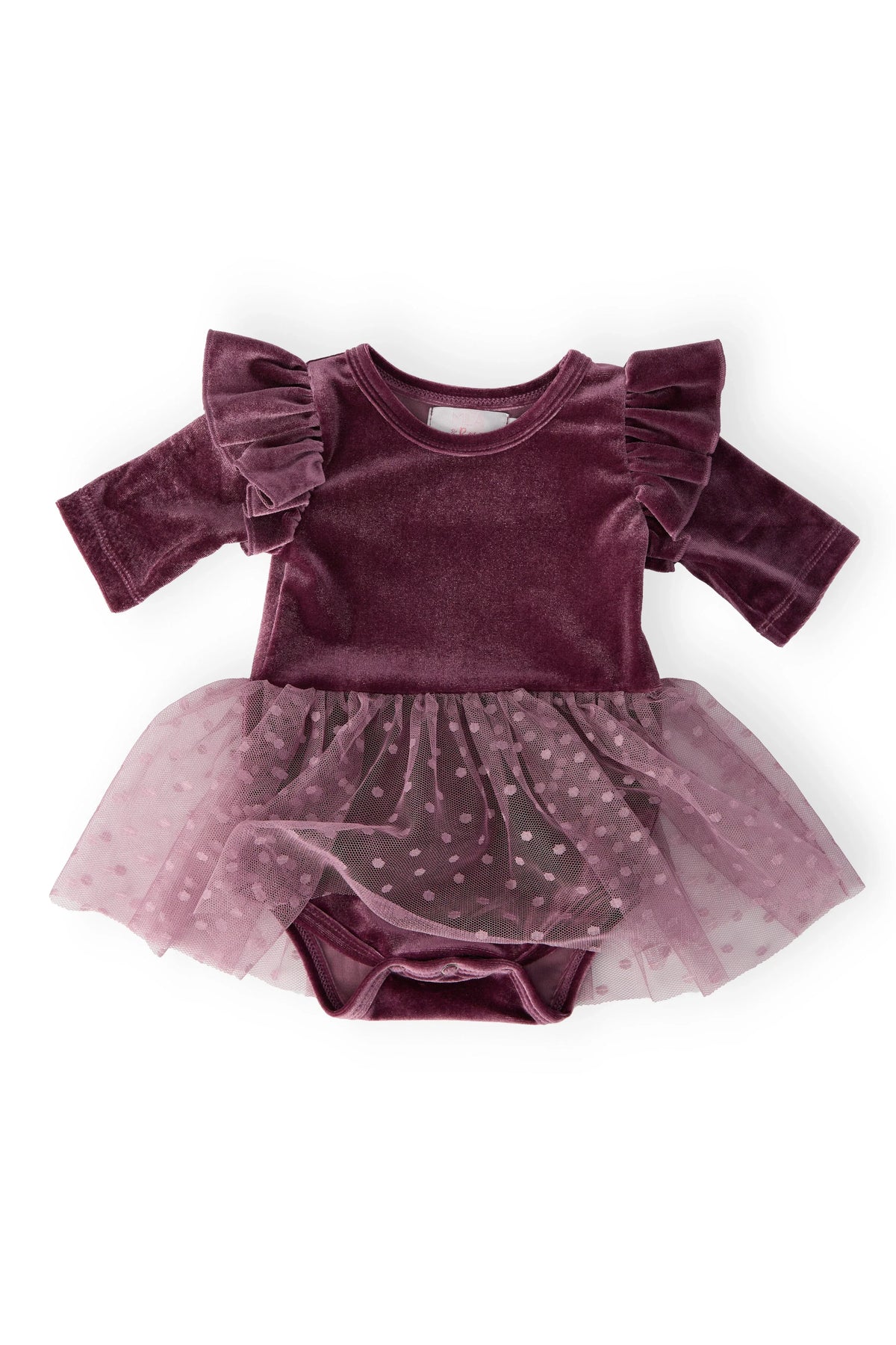 Amethyst velvet baby tutu dress by Mila Rose long sleeve bodysuit with ruffle shoulders and polka dot tutu