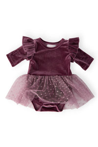 Amethyst velvet baby tutu dress by Mila Rose long sleeve bodysuit with ruffle shoulders and polka dot tutu
