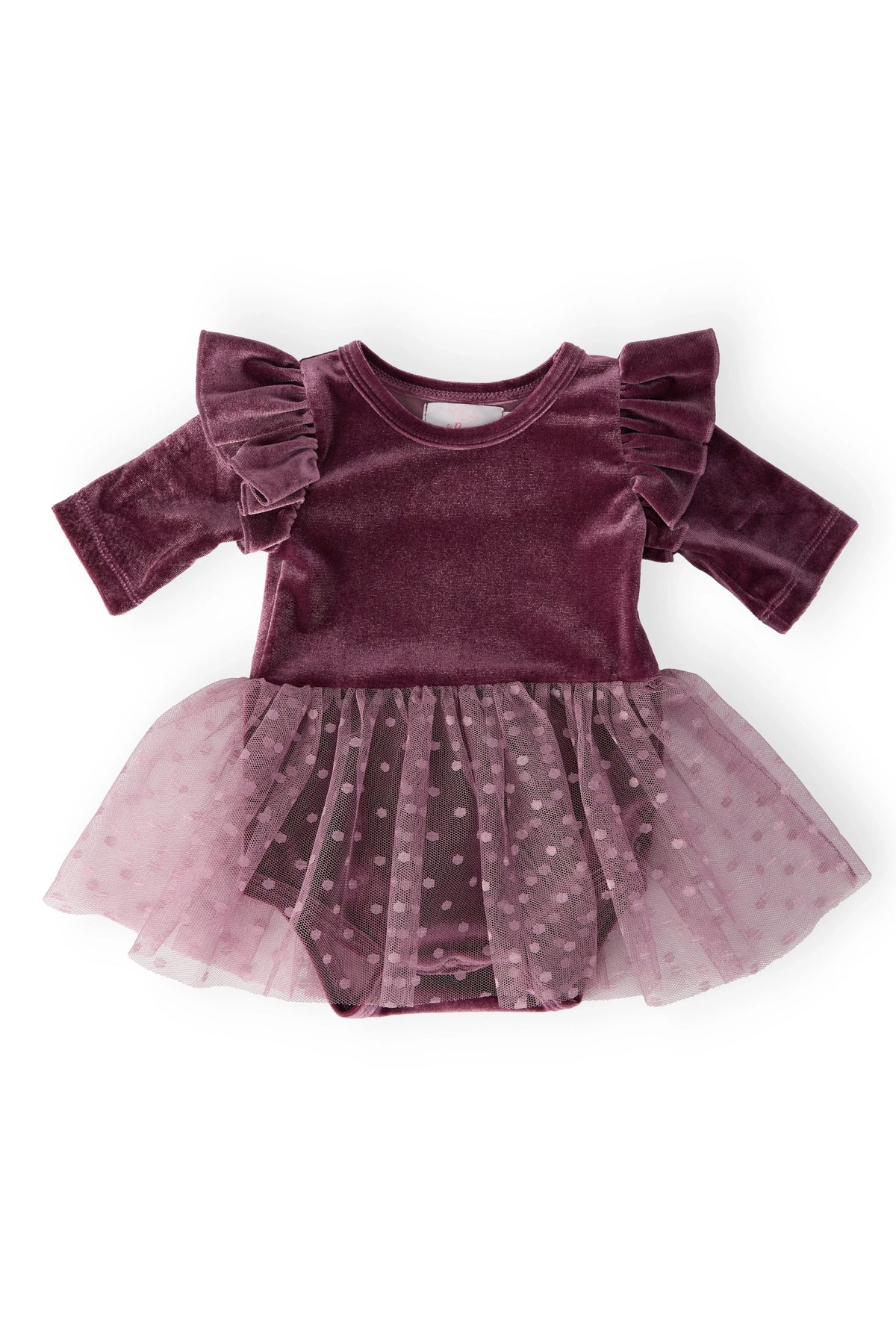 Amethyst velvet baby tutu dress by Mila & Rose, long sleeve bodysuit with ruffled shoulders and polka dot tulle skirt