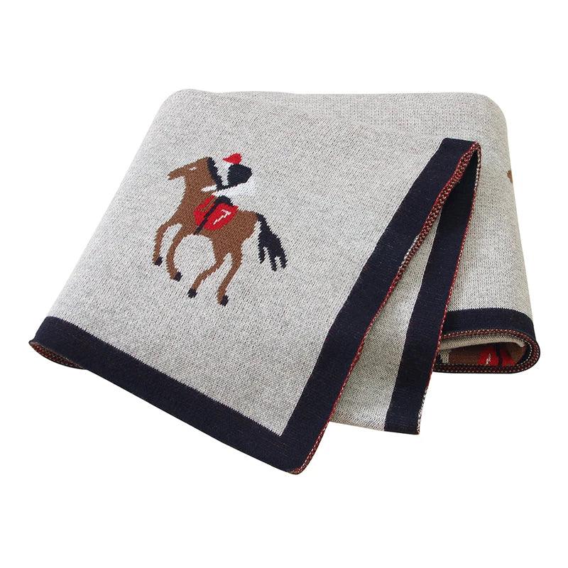 Gray animal baby blankets with horse and rider design, navy border, suitable for babies and kids