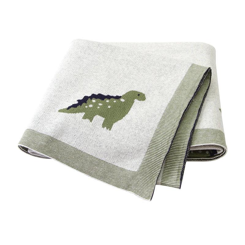 Gray and green knitted animal baby blanket with dinosaur design for babies and kids