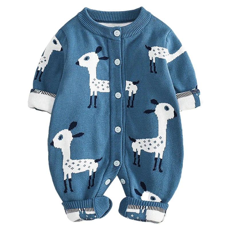 Blue baby romper with white and black animal print giraffes, long sleeve and button closure for infants