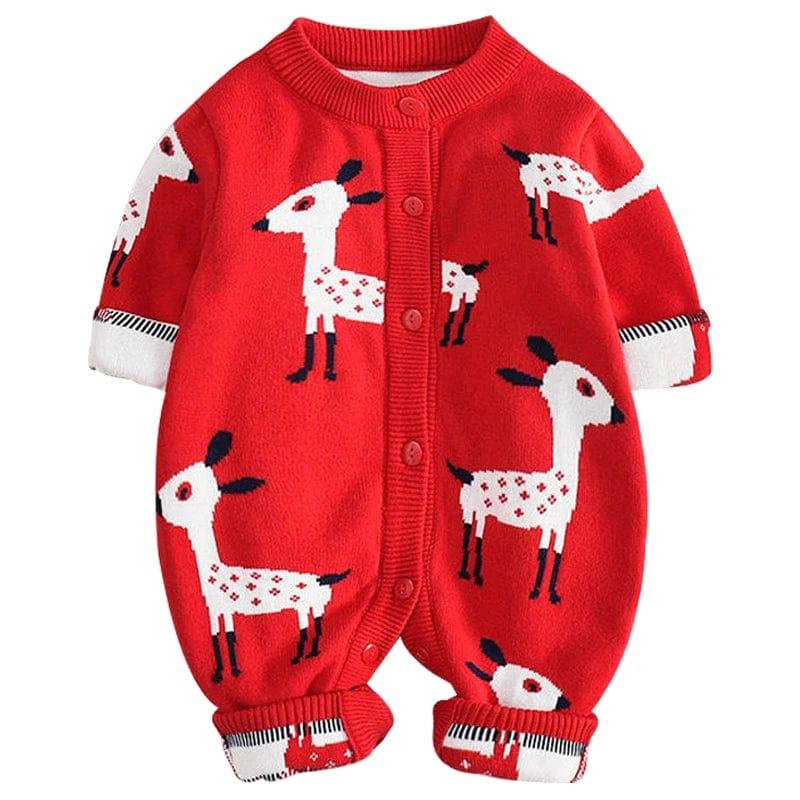 Red animal print baby romper with white deer design, long sleeves, and button front for infants