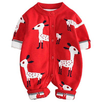 Red animal print baby romper with white deer design, long sleeves, and button front for infants