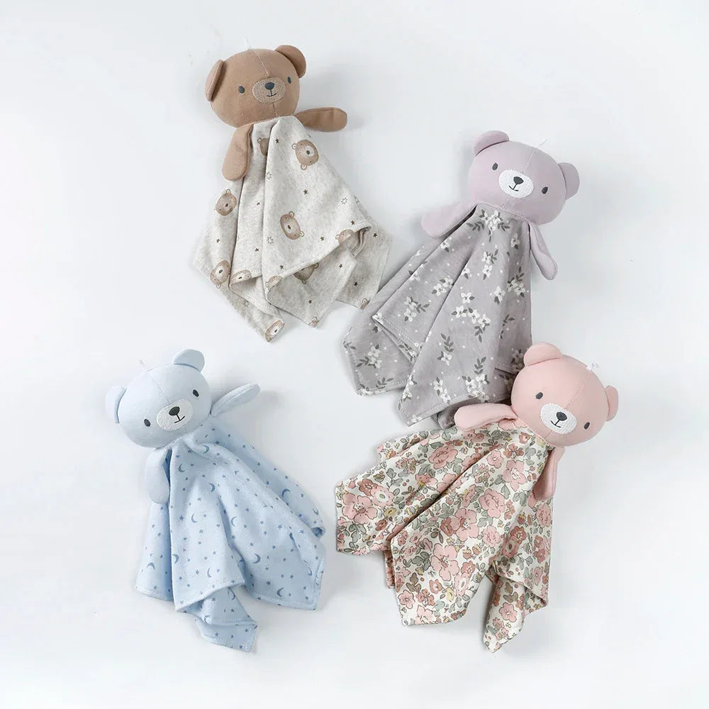 Set of four anti-kick baby sleeping gown blankets in brown, gray, blue, and pink for newborns with bear plush heads