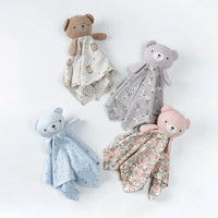 Set of four anti-kick baby sleeping gown blankets in brown, gray, blue, and pink for newborns with bear plush heads
