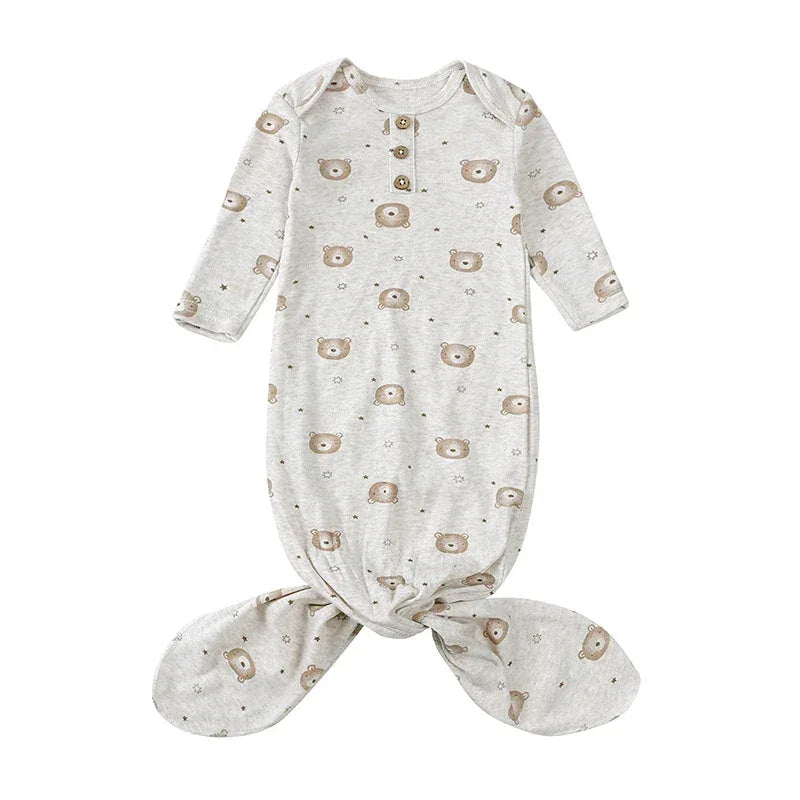 Gray 0-3 months anti-kick baby sleeping gown with bear print and knotted bottom