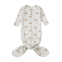 Gray 0-3 months anti-kick baby sleeping gown with bear print and knotted bottom