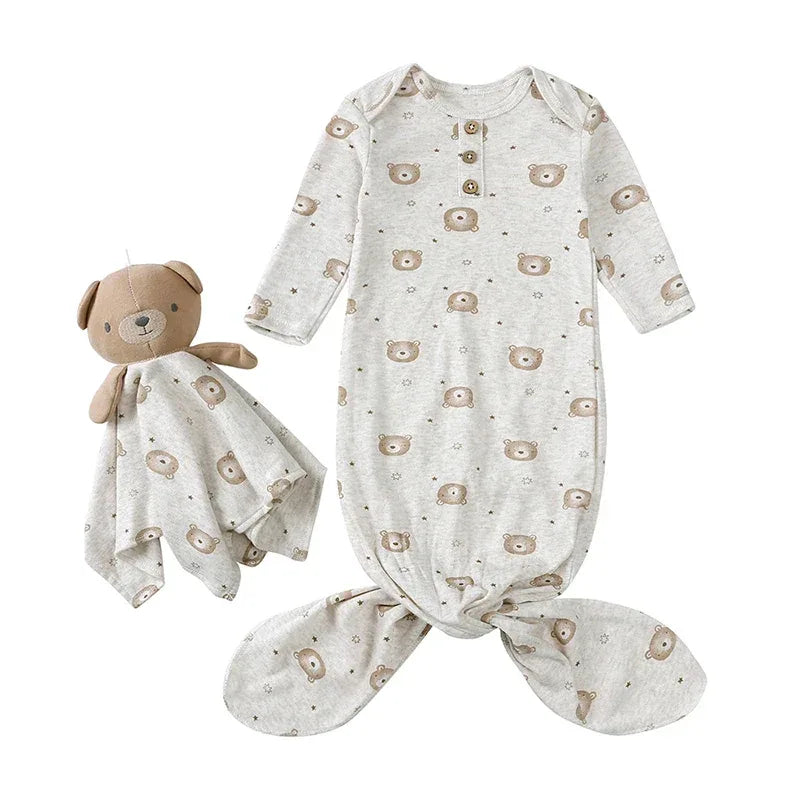 Gray newborn anti-kick baby sleeping gown with bear print and matching teddy blanket toy