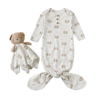 Gray newborn anti-kick baby sleeping gown with bear print and matching teddy blanket toy