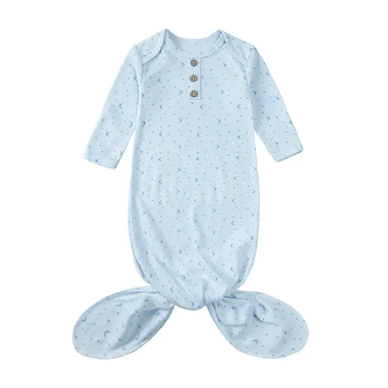 blue newborn anti-kick baby sleeping gown with long sleeves and button details