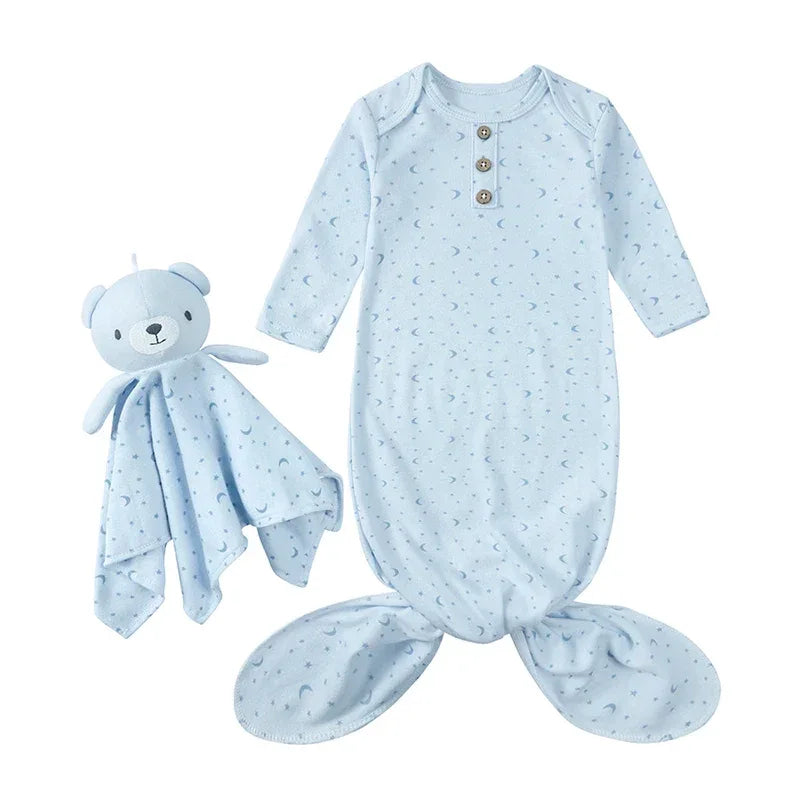 Light blue anti-kick baby sleeping gown for newborns with moon print and matching teddy blanket