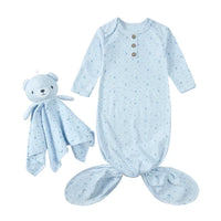 Light blue anti-kick baby sleeping gown for newborns with moon print and matching teddy blanket