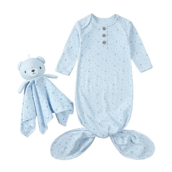 Light blue anti-kick baby sleeping gown for newborns with moon print and matching teddy blanket