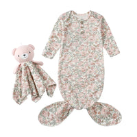 Floral pink and gray anti-kick baby sleeping gown with long sleeves for newborns and matching teddy comforter