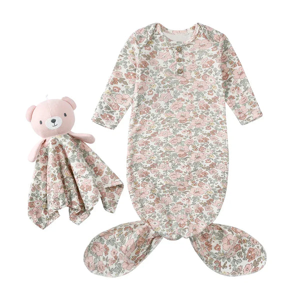 Floral pink and gray anti-kick baby sleeping gown with long sleeves for newborns and matching teddy comforter