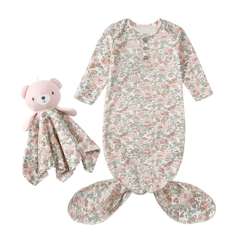 Floral pink and gray anti-kick baby sleeping gown with long sleeves for newborns and matching teddy comforter