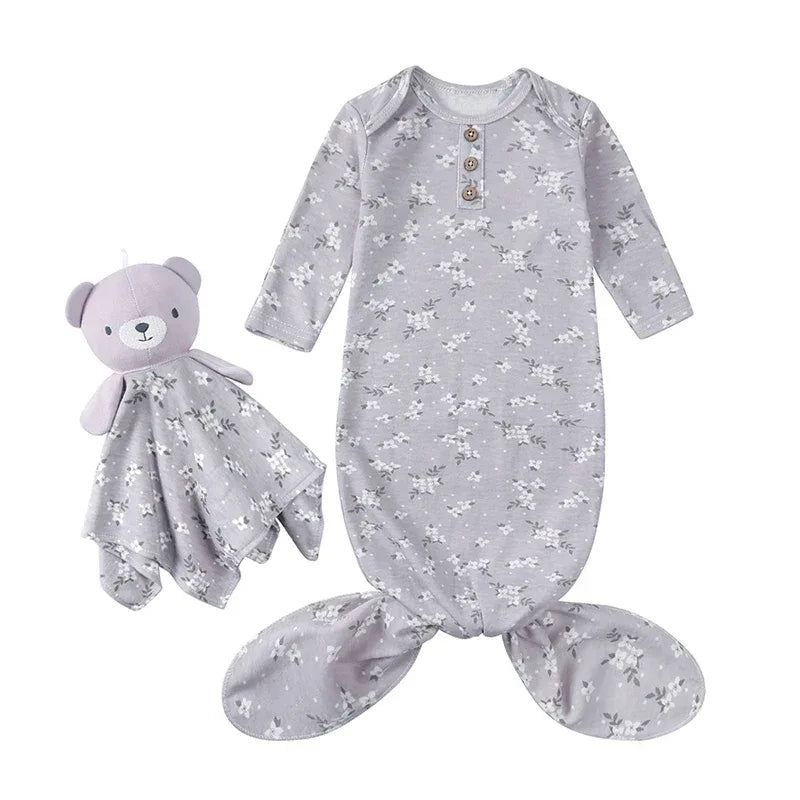 Gray floral anti-kick baby sleeping gown for newborns with long sleeves and matching teddy blanket
