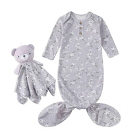 Gray floral anti-kick baby sleeping gown for newborns with long sleeves and matching teddy blanket