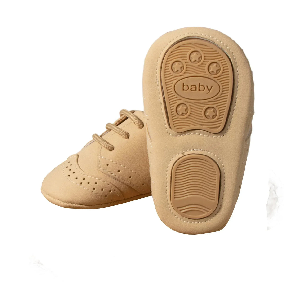 beige anti-slip baby shoes for boys in soft leather designed for infants and toddlers
