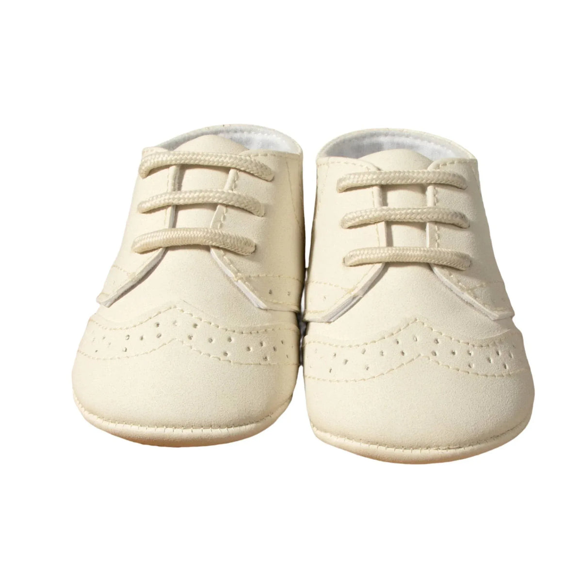 Cream anti-slip baby shoes for boys in small size shown from front view