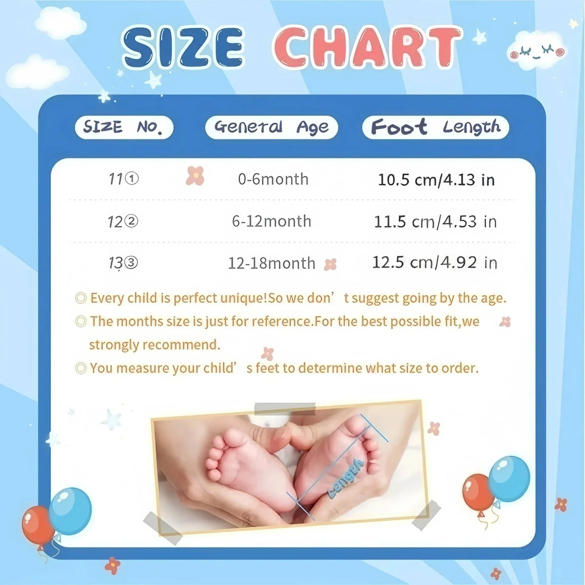size chart for anti-slip baby shoes for boys with foot length and age guidelines from 0 to 18 months