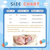 size chart for anti-slip baby shoes for boys with foot length and age guidelines from 0 to 18 months