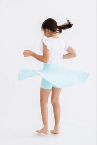 Girls aqua skort for girls by Mila & Rose with twirl design, mid-length and built-in shorts