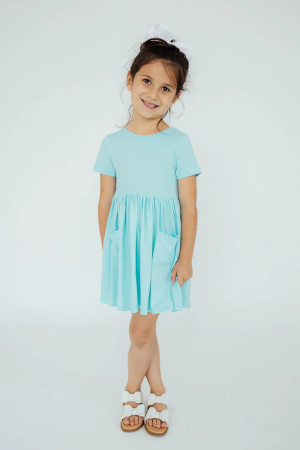 Aqua twirl dress for girls short sleeve with pockets, toddler size by Mila & Rose
