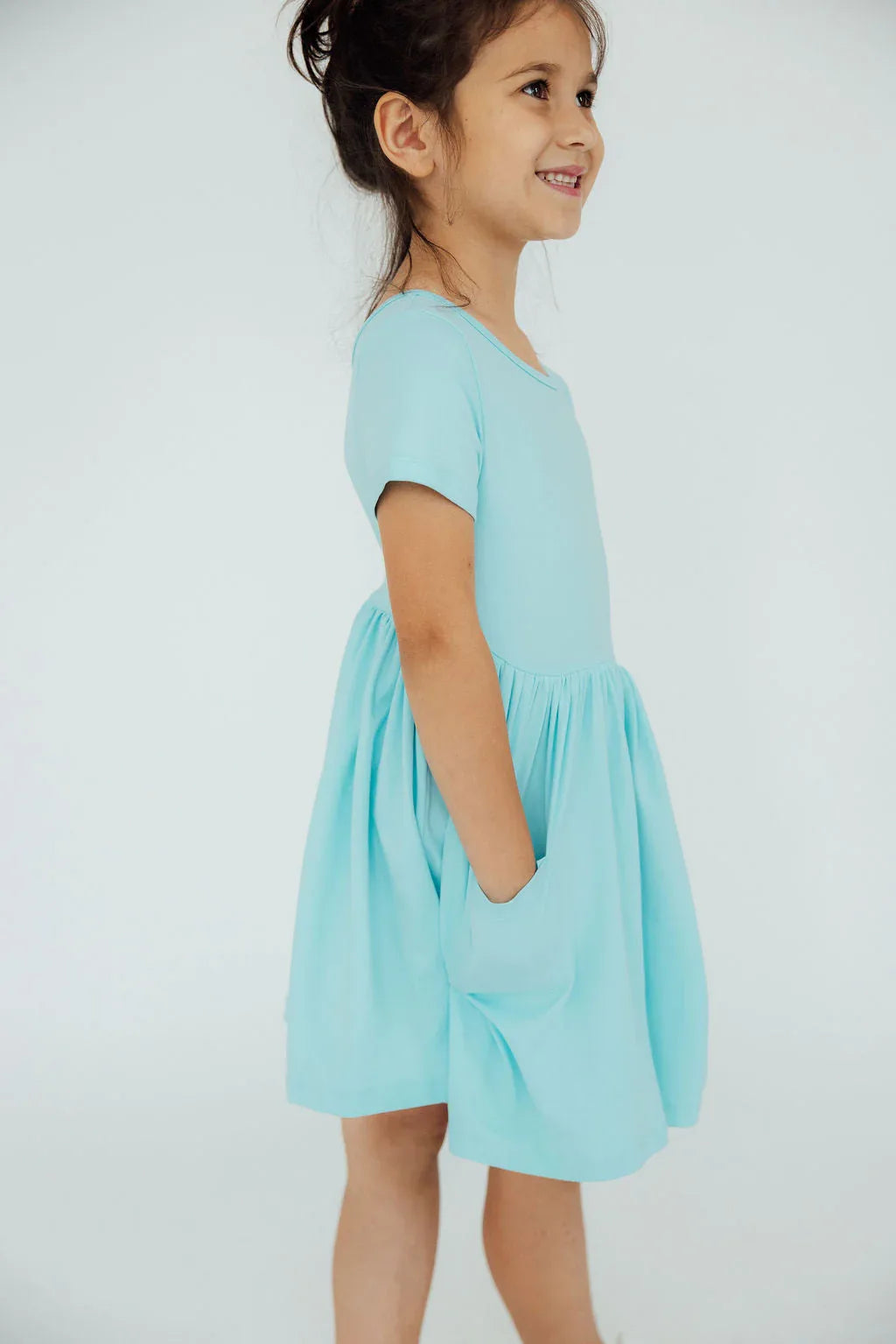 Girls aqua twirl dress for girls by Mila & Rose, short sleeve pocket dress for toddlers