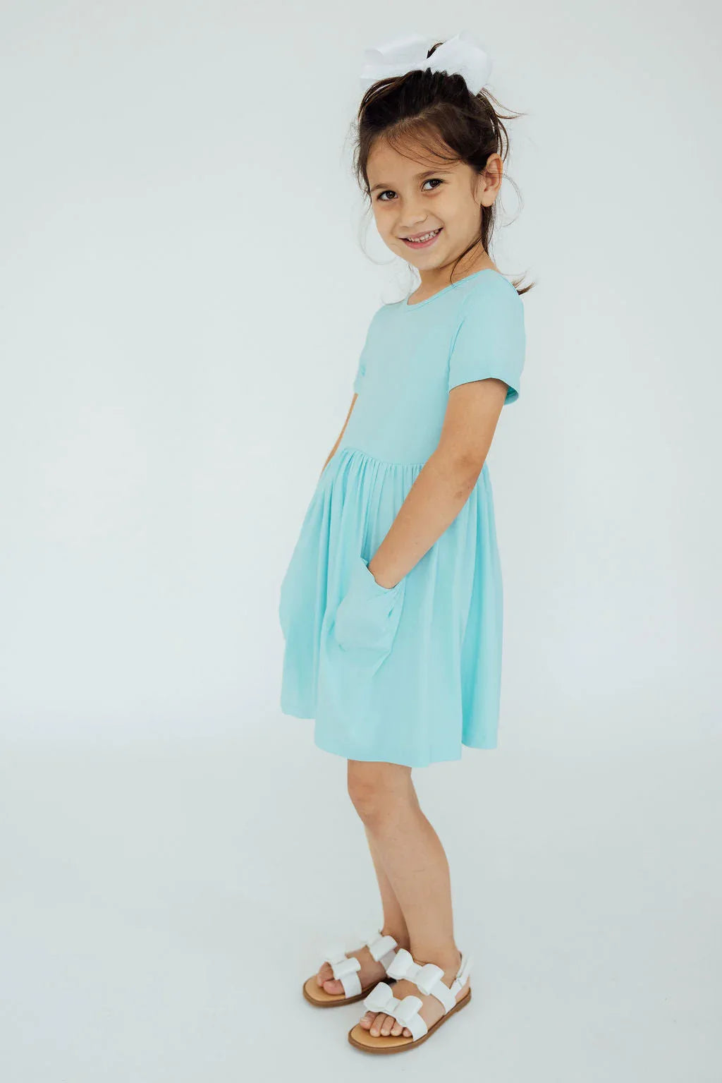 Mila & Rose aqua twirl dress for girls short sleeve with pockets in light blue size 4