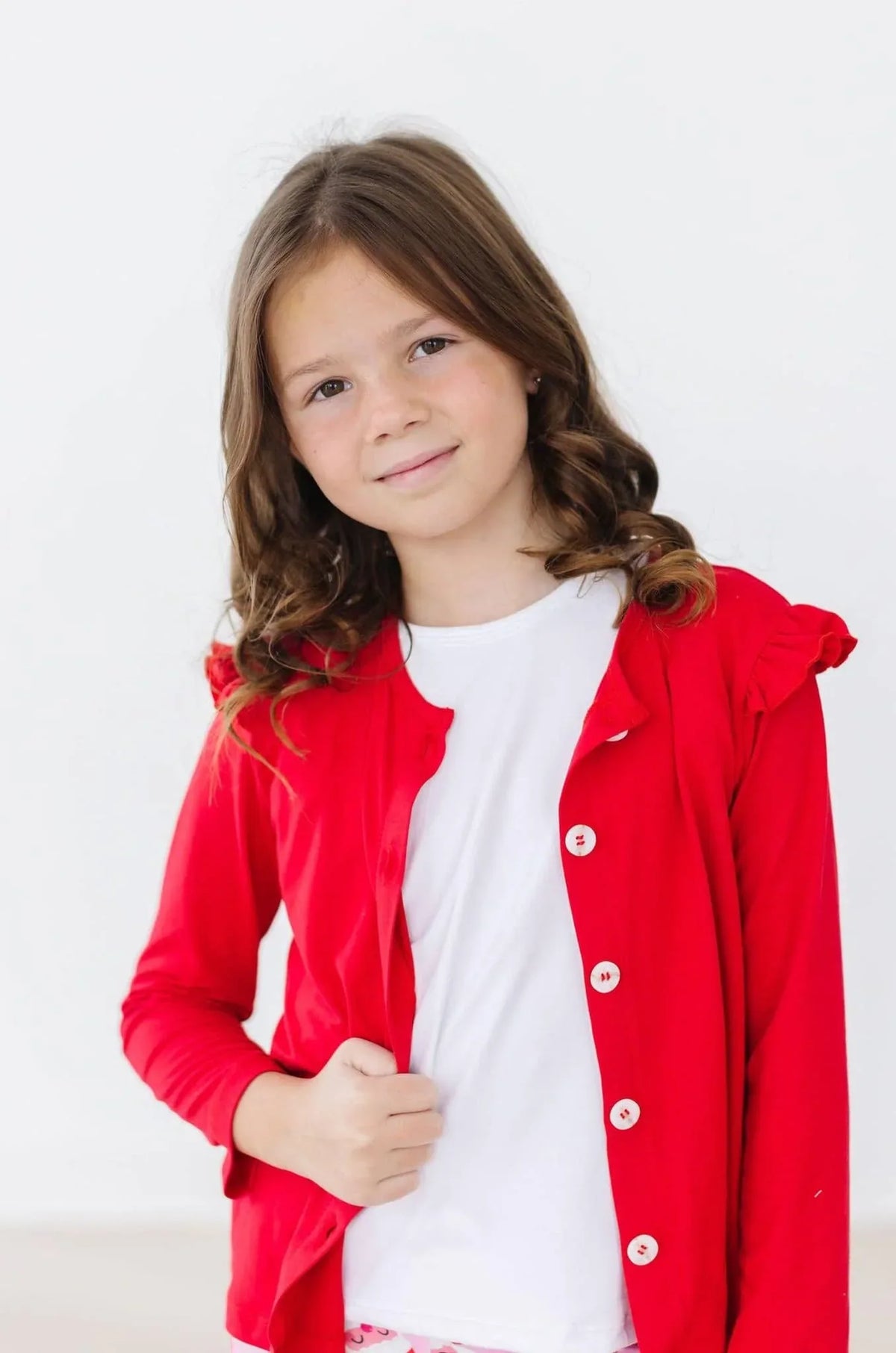 Azalea red ruffle cardigan for girls in size to fit children, long sleeve with button front detail